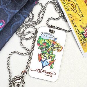 ED HARDY VINTAGE Style Necklace /Skull Color Print Dog Tag/ Hard Rock